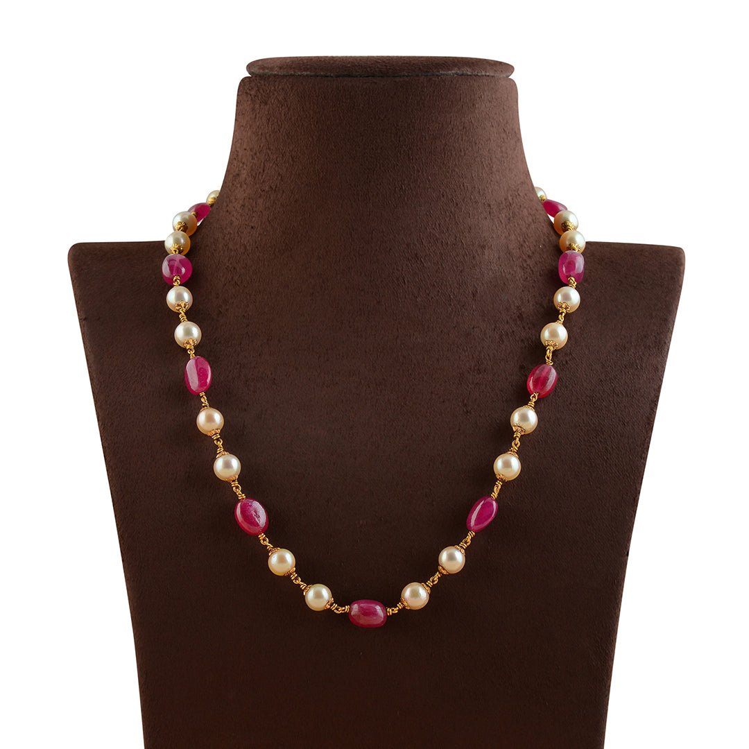 Exquisite  Ruby And Cultured Pearl Necklace In Gold - Krishna Jewellers Pearls and Gems