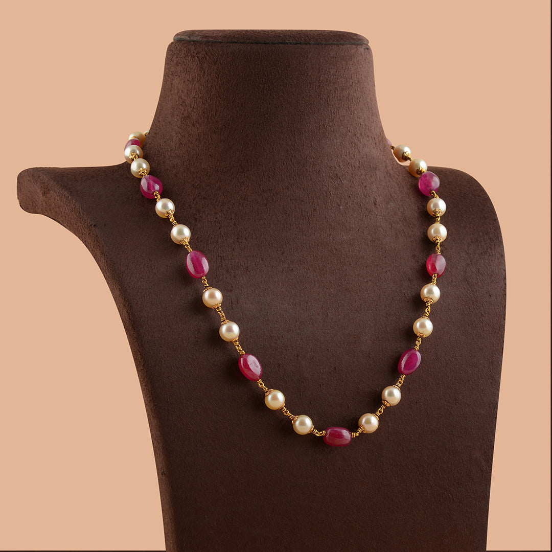 Exquisite  Ruby And Cultured Pearl Necklace In Gold - Krishna Jewellers Pearls and Gems