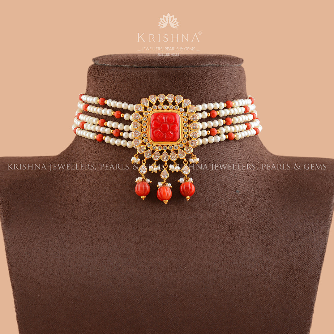 Gold Pearl Coral Choker Necklace - Krishna Jewellers Pearls and Gems