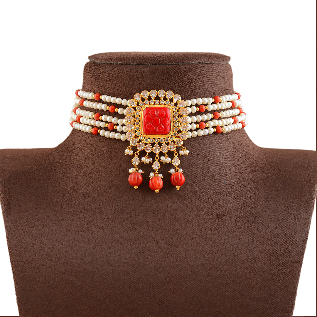 Gold Pearl Coral Choker Necklace - Krishna Jewellers Pearls and Gems
