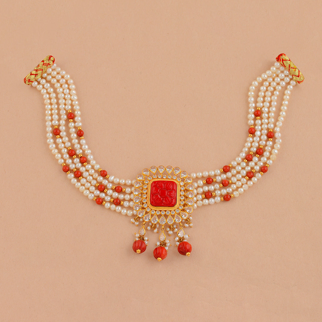 Gold Pearl Coral Choker Necklace - Krishna Jewellers Pearls and Gems