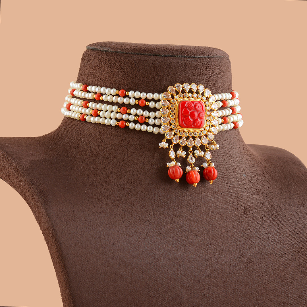 Gold Pearl Coral Choker Necklace - Krishna Jewellers Pearls and Gems