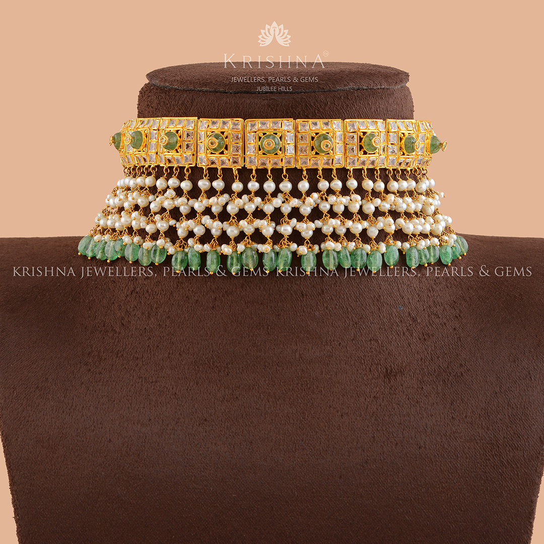 Queenly Gold Pearls Choker With Hanging Beads - Krishna Jewellers Pearls and Gems