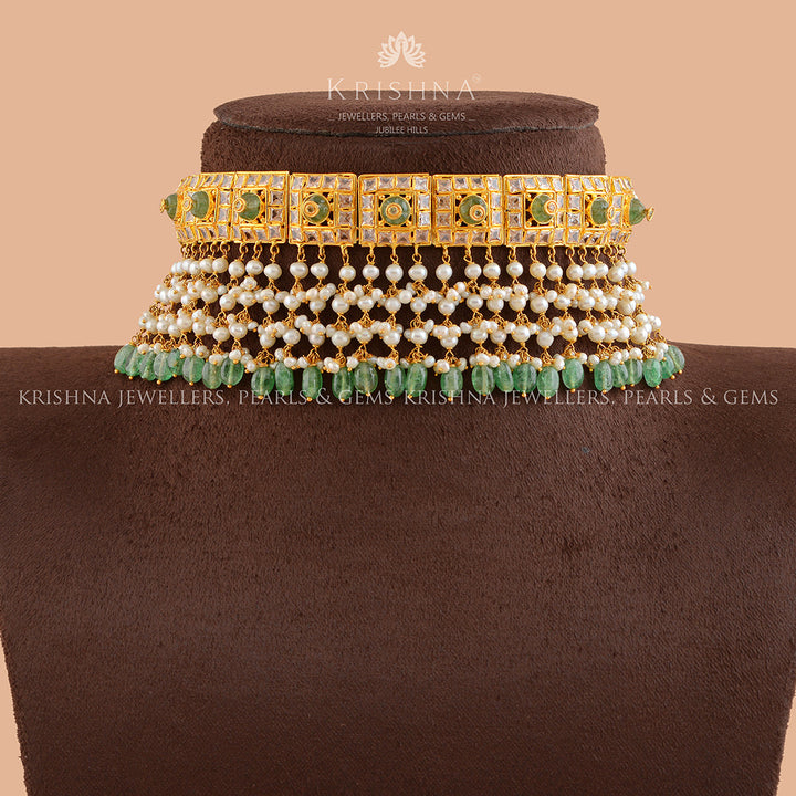 Queenly Gold Pearls Choker With Hanging Beads - Krishna Jewellers Pearls and Gems