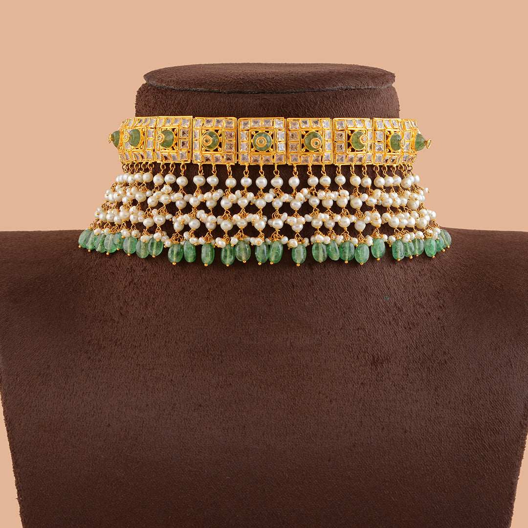 Queenly Gold Pearls Choker With Hanging Beads - Krishna Jewellers Pearls and Gems
