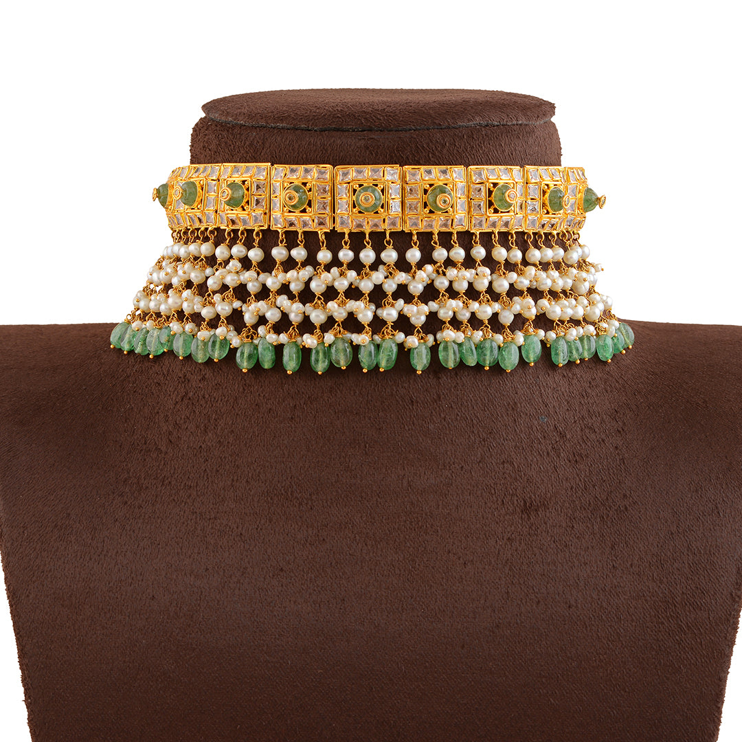 Queenly Gold Pearls Choker With Hanging Beads - Krishna Jewellers Pearls and Gems