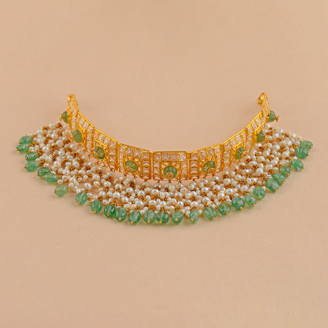 Queenly Gold Pearls Choker With Hanging Beads - Krishna Jewellers Pearls and Gems