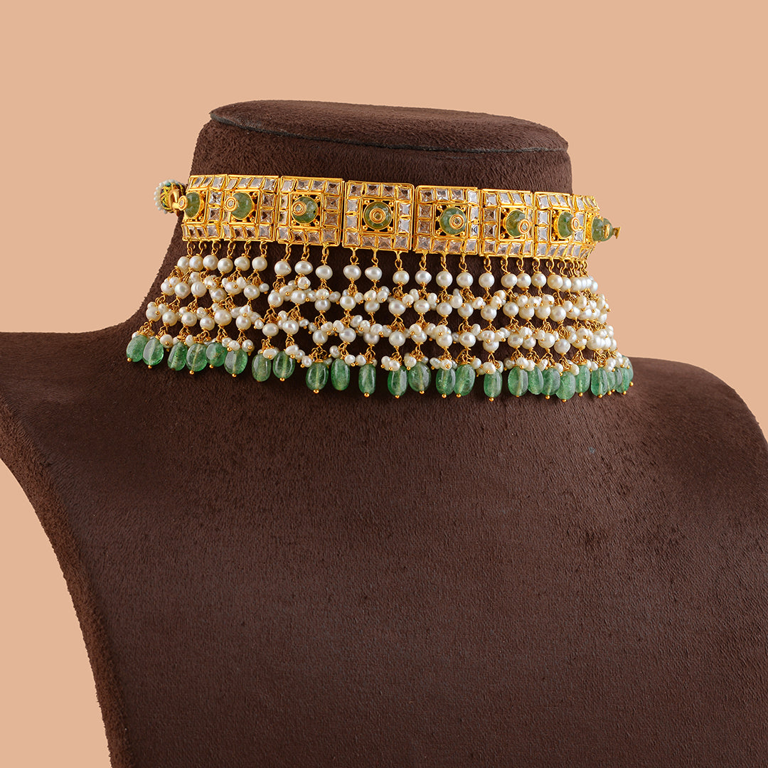 Queenly Gold Pearls Choker With Hanging Beads - Krishna Jewellers Pearls and Gems