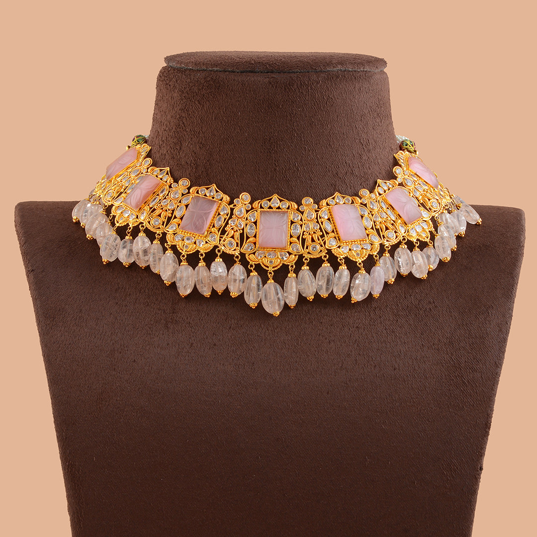 Charming Gold Pearl Necklace With Pink Beads - Krishna Jewellers Pearls and Gems