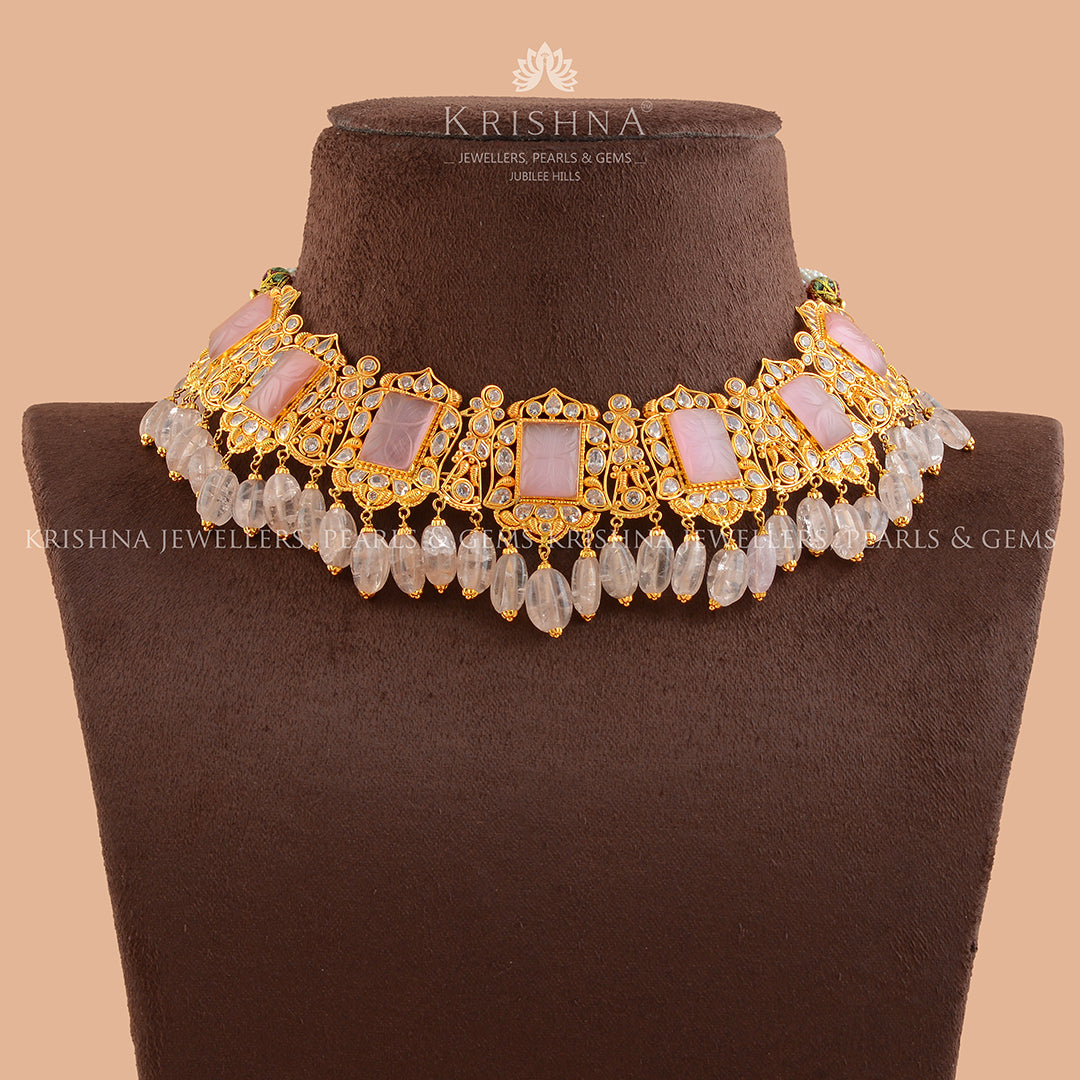 Charming Gold Pearl Necklace With Pink Beads - Krishna Jewellers Pearls and Gems