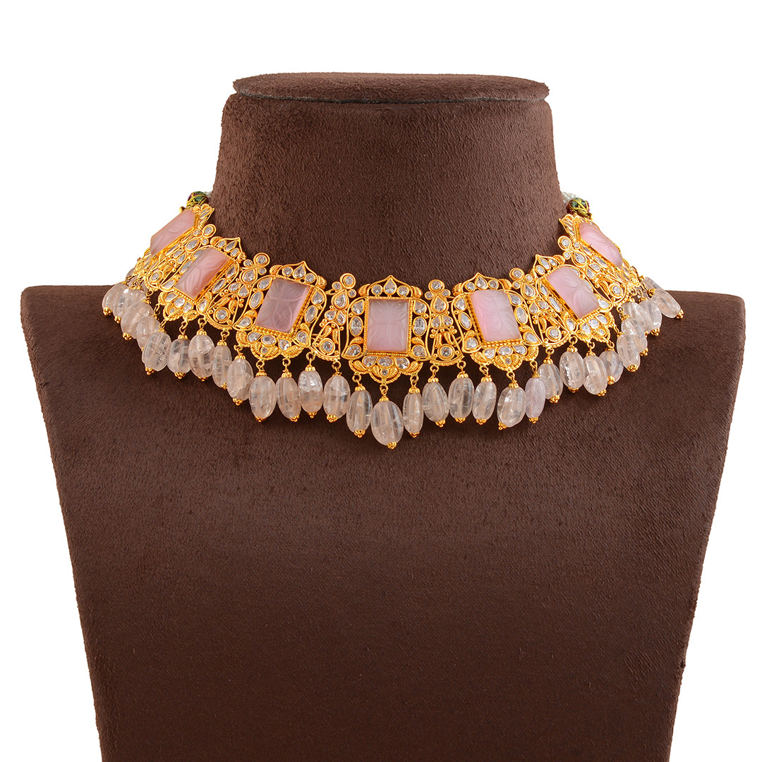 Charming Gold Pearl Necklace With Pink Beads - Krishna Jewellers Pearls and Gems
