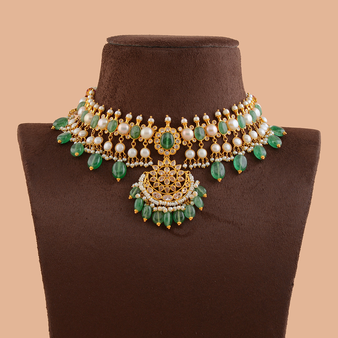 Greeny Gold Pearl Short Necklace - Krishna Jewellers Pearls and Gems