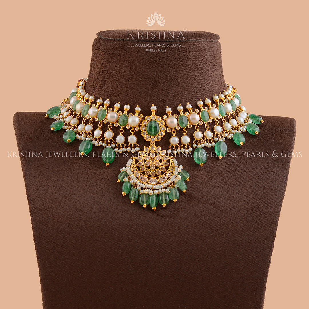Greeny Gold Pearl Short Necklace - Krishna Jewellers Pearls and Gems