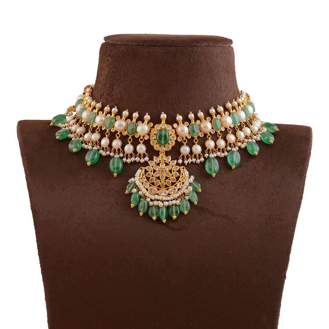Greeny Gold Pearl Short Necklace - Krishna Jewellers Pearls and Gems