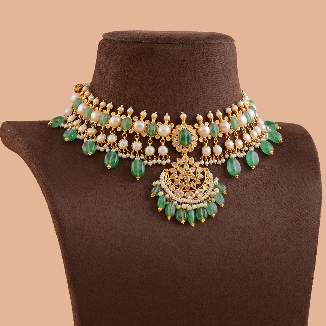Greeny Gold Pearl Short Necklace - Krishna Jewellers Pearls and Gems
