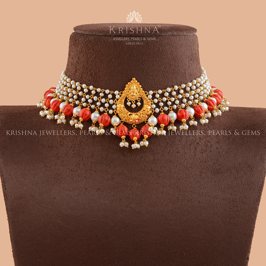 Gold  Pearl and Coral Short Necklace - Krishna Jewellers Pearls and Gems