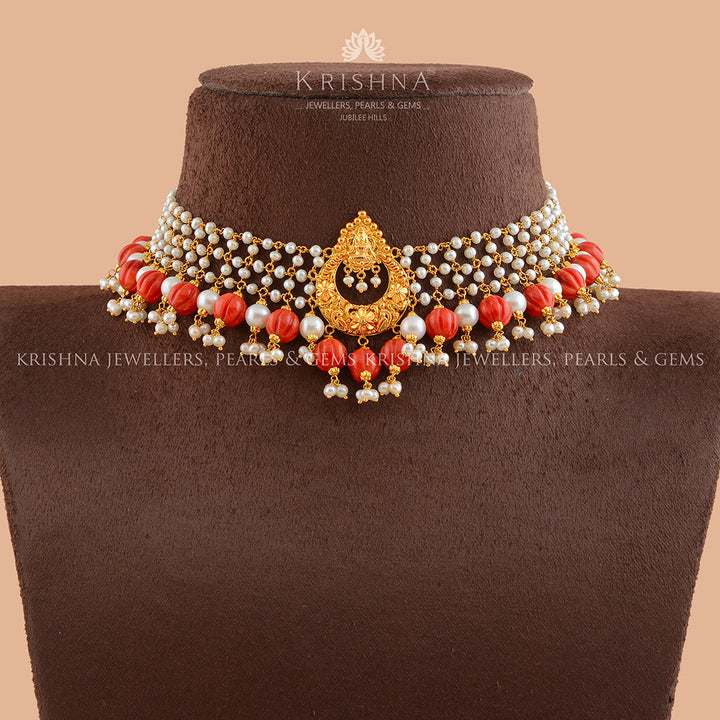 Gold  Pearl and Coral Short Necklace - Krishna Jewellers Pearls and Gems