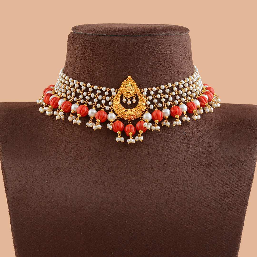 Gold  Pearl and Coral Short Necklace - Krishna Jewellers Pearls and Gems
