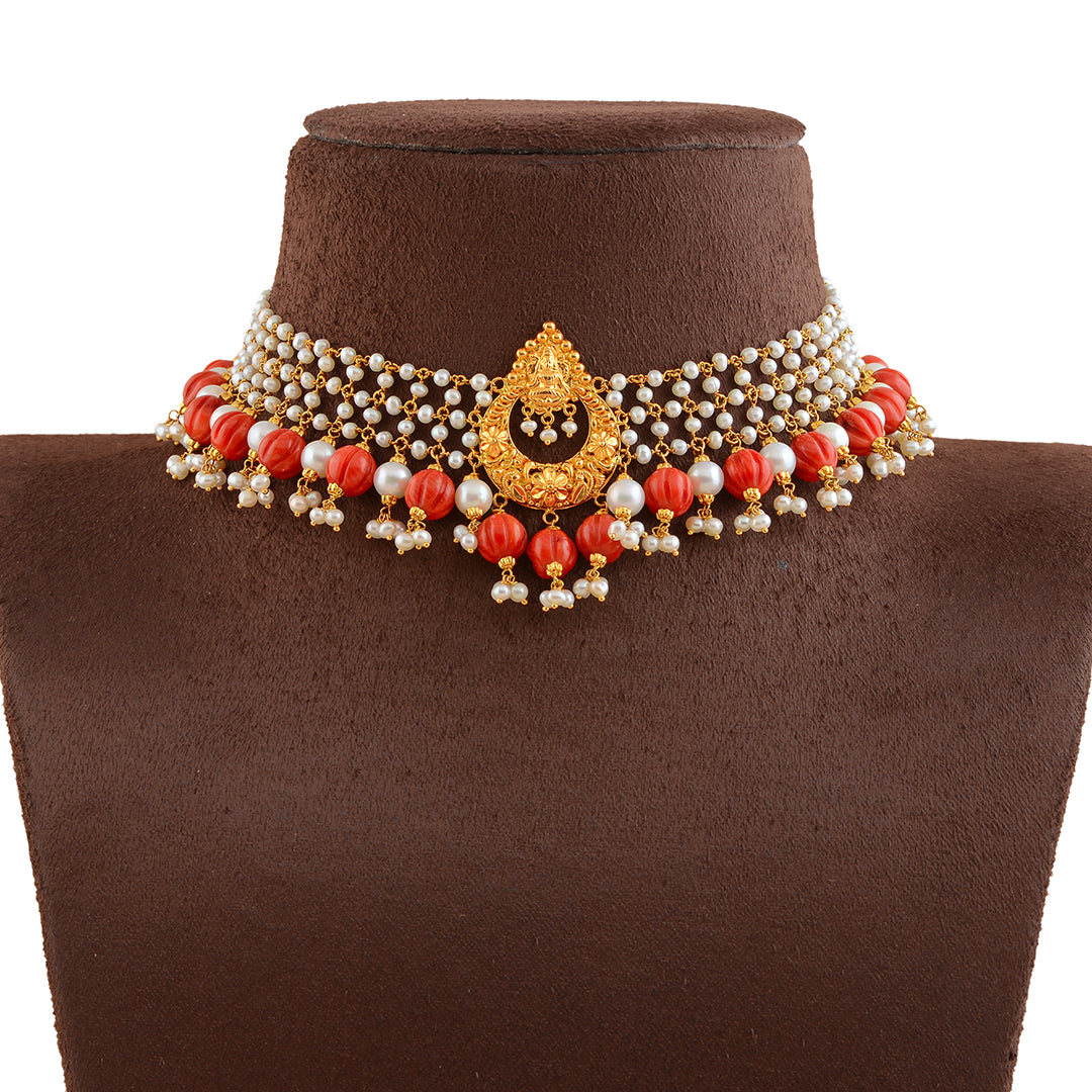 Gold  Pearl and Coral Short Necklace - Krishna Jewellers Pearls and Gems