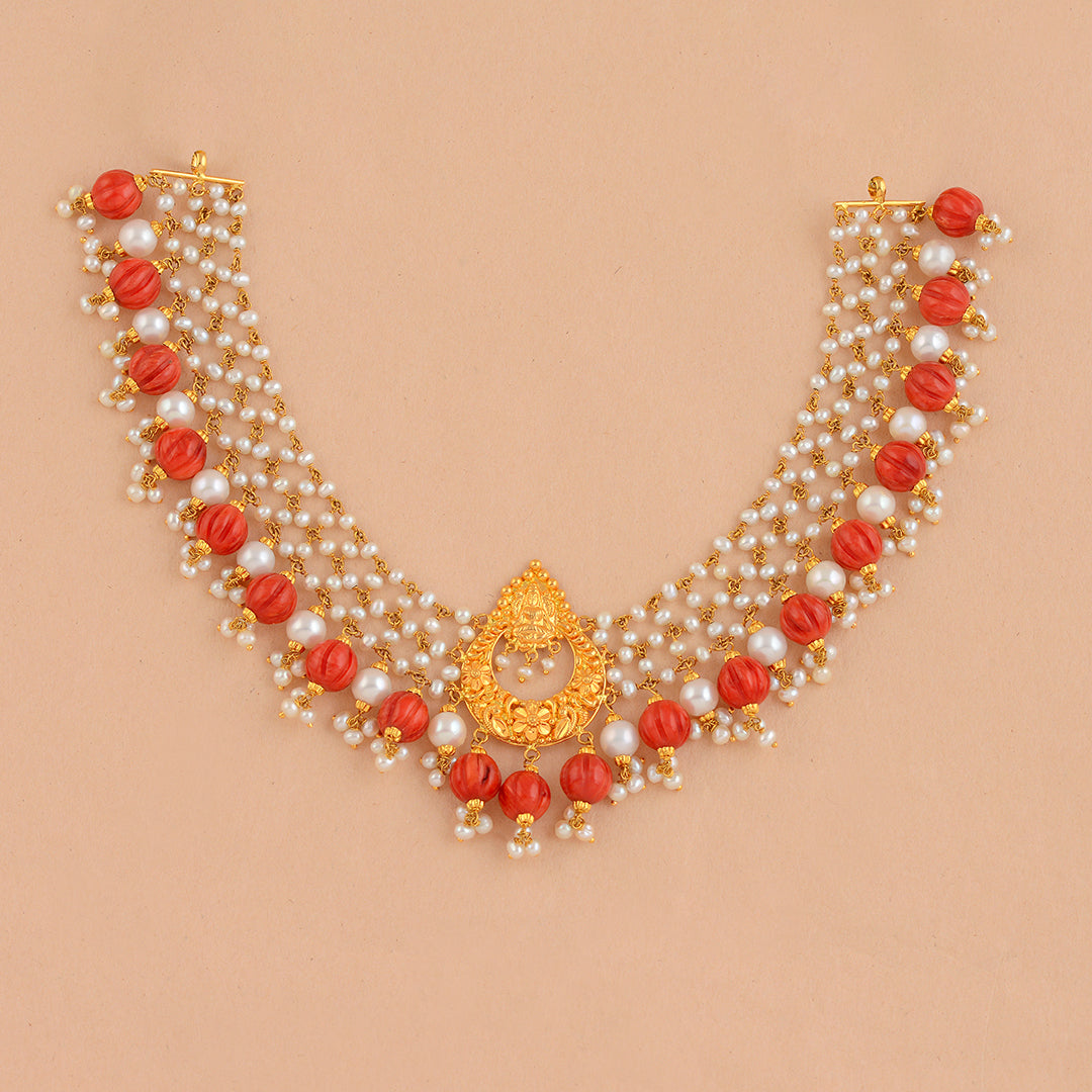 Gold  Pearl and Coral Short Necklace - Krishna Jewellers Pearls and Gems