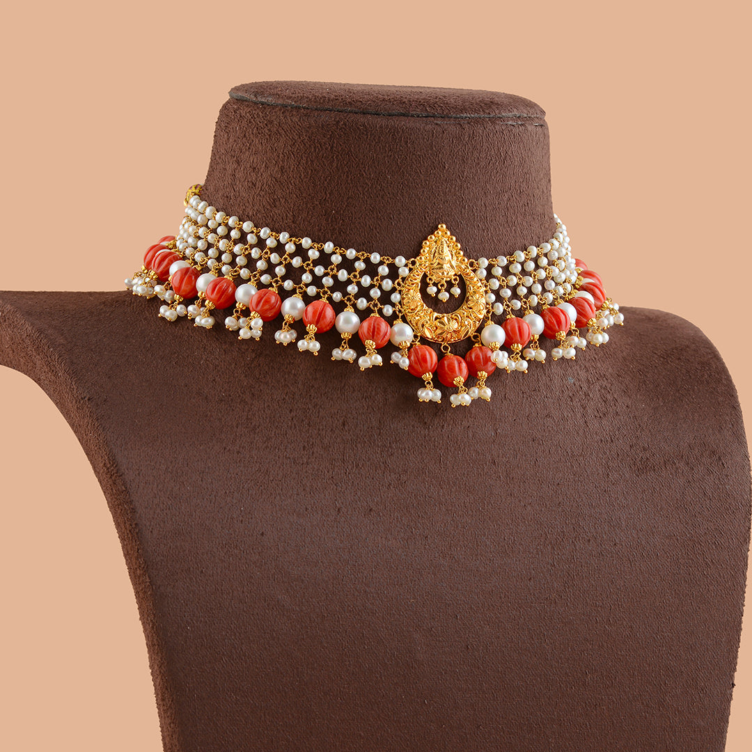 Gold  Pearl and Coral Short Necklace - Krishna Jewellers Pearls and Gems