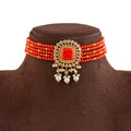 Red Coral Gold Choker Necklace With Pearls