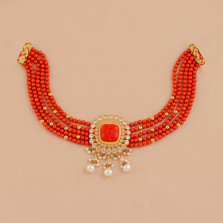 Red Coral Gold Choker Necklace With Pearls - Krishna Jewellers Pearls and Gems