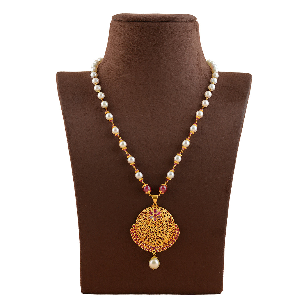 Gold Pearl Necklace With Filgree Work Pendant - Krishna Jewellers Pearls and Gems
