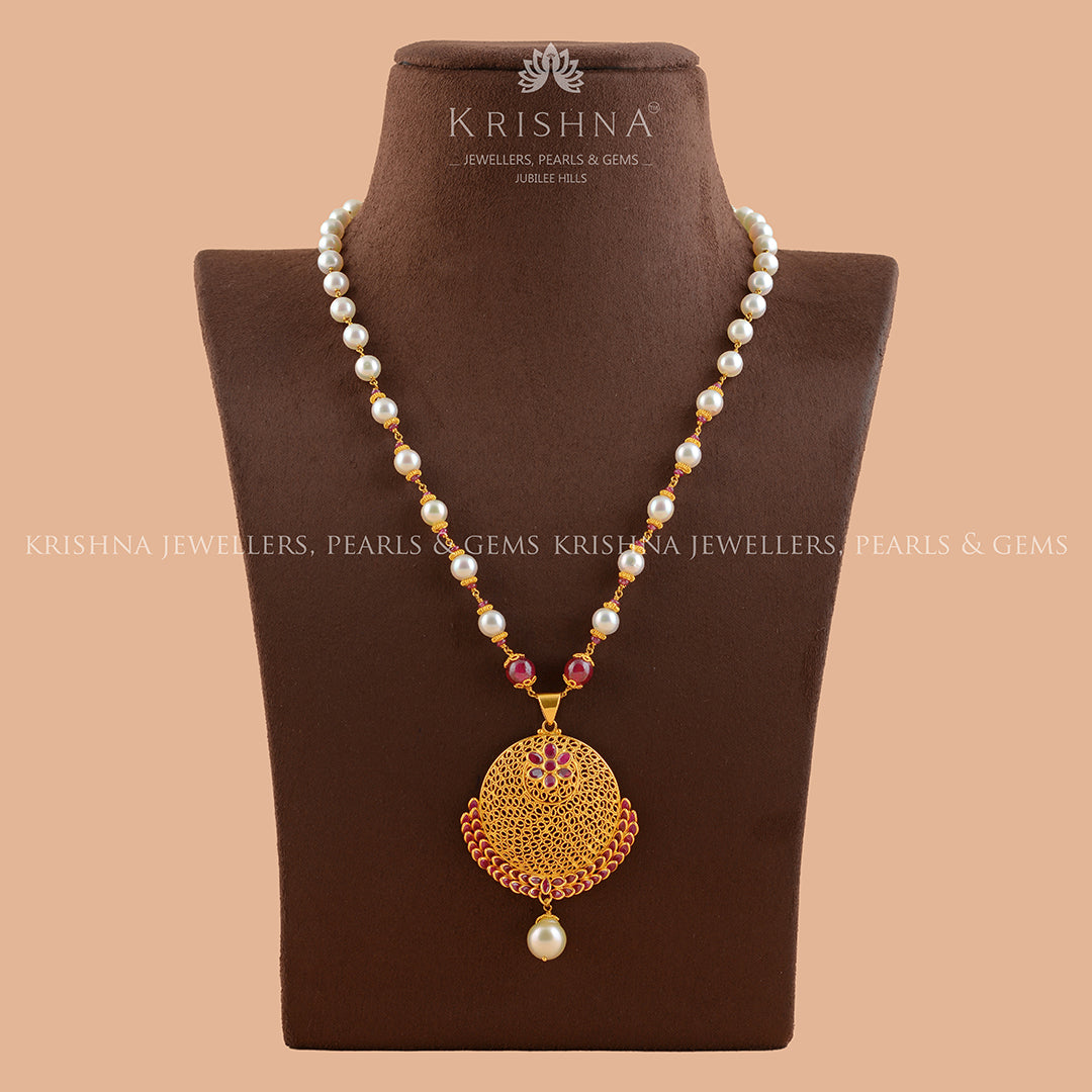 Gold Pearl Necklace With Filgree Work Pendant - Krishna Jewellers Pearls and Gems