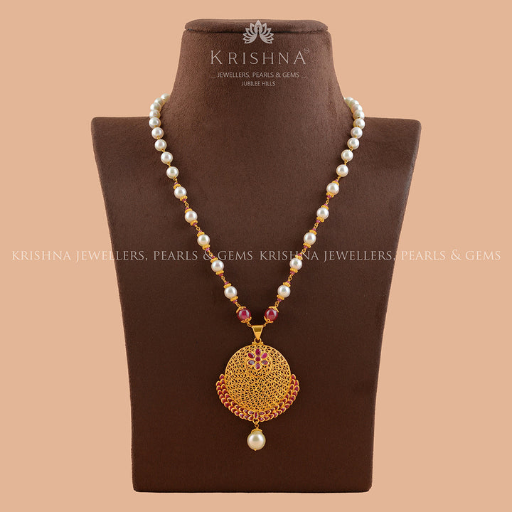 Gold Pearl Necklace With Filgree Work Pendant - Krishna Jewellers Pearls and Gems