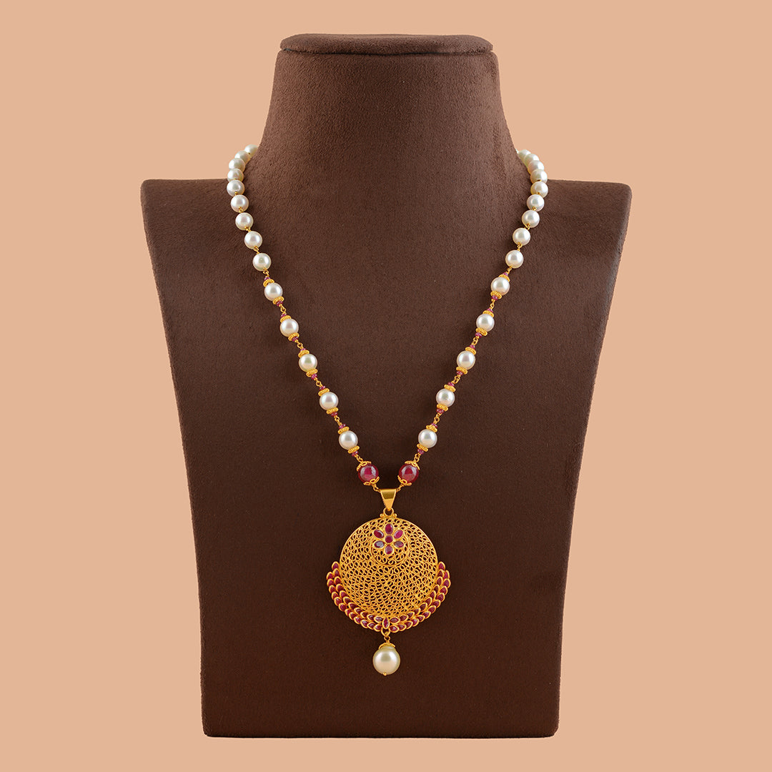 Gold Pearl Necklace With Filgree Work Pendant - Krishna Jewellers Pearls and Gems