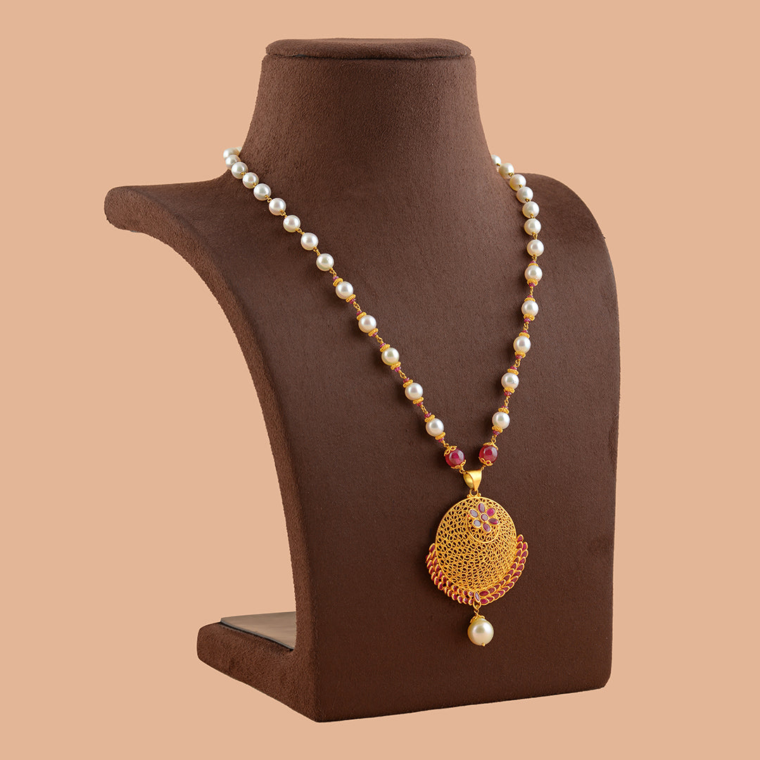 Gold Pearl Necklace With Filgree Work Pendant - Krishna Jewellers Pearls and Gems