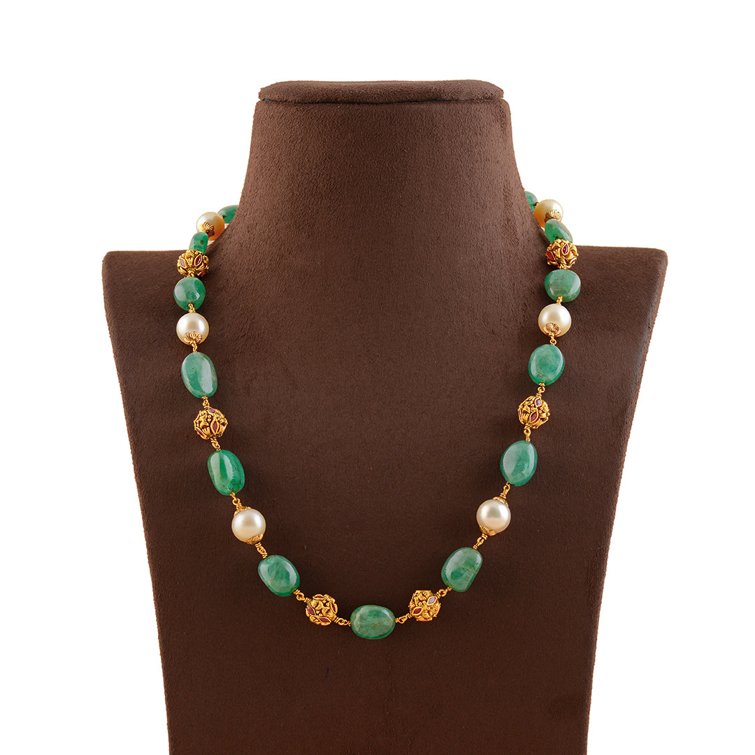 Luxurious South Sea Pearl and Emerald Necklace with Gold Nakshi Balls - Krishna Jewellers Pearls and Gems
