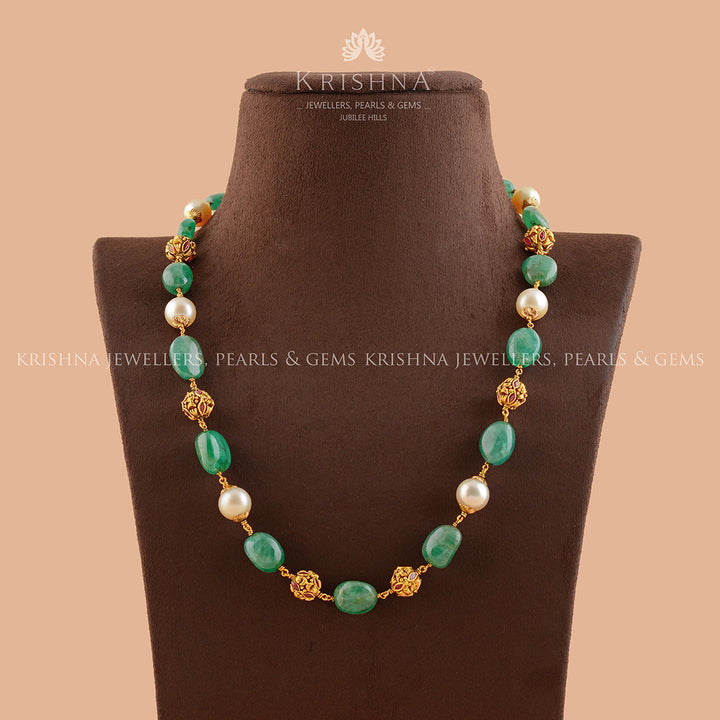 Luxurious South Sea Pearl and Emerald Necklace with Gold Nakshi Balls - Krishna Jewellers Pearls and Gems