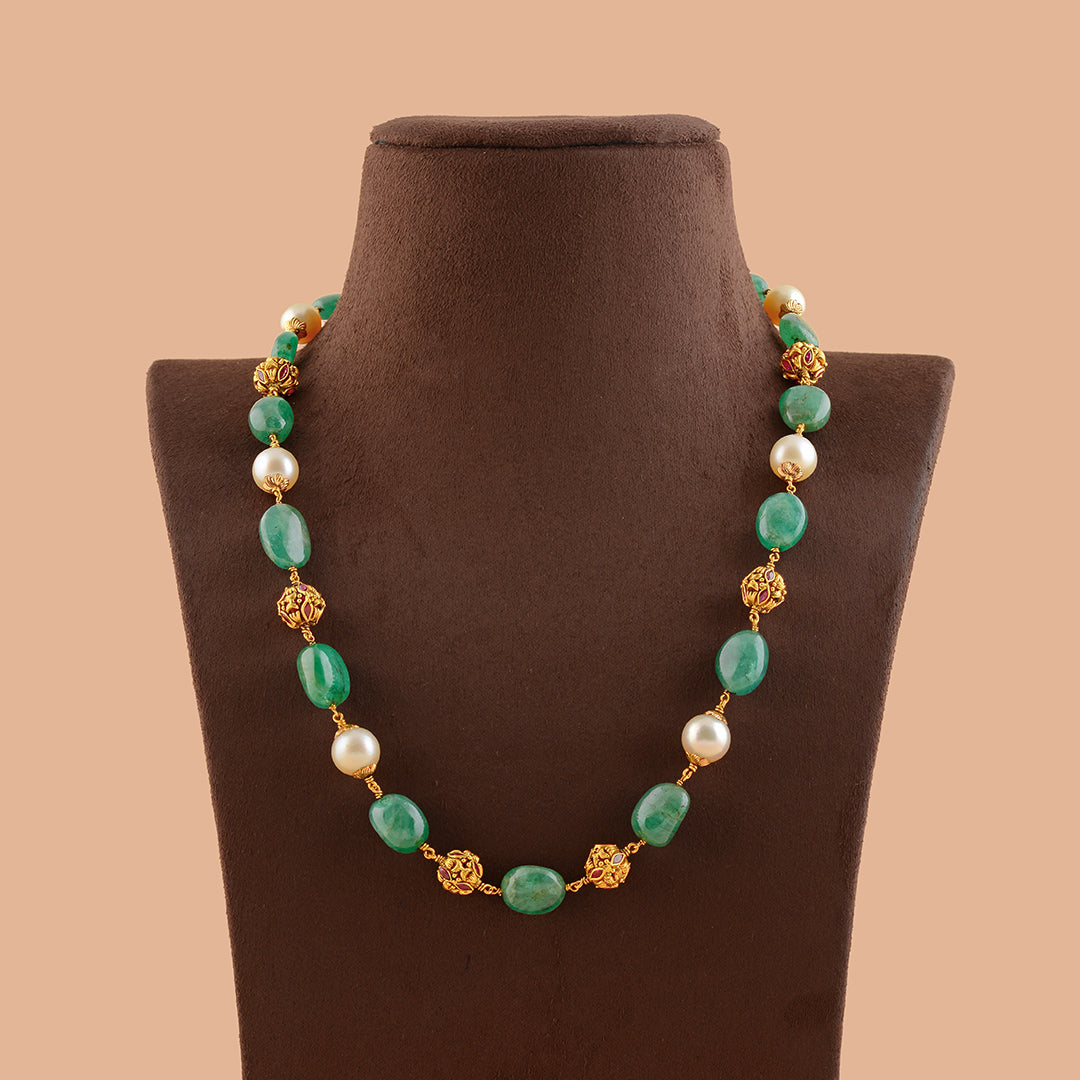 Luxurious South Sea Pearl and Emerald Necklace with Gold Nakshi Balls - Krishna Jewellers Pearls and Gems