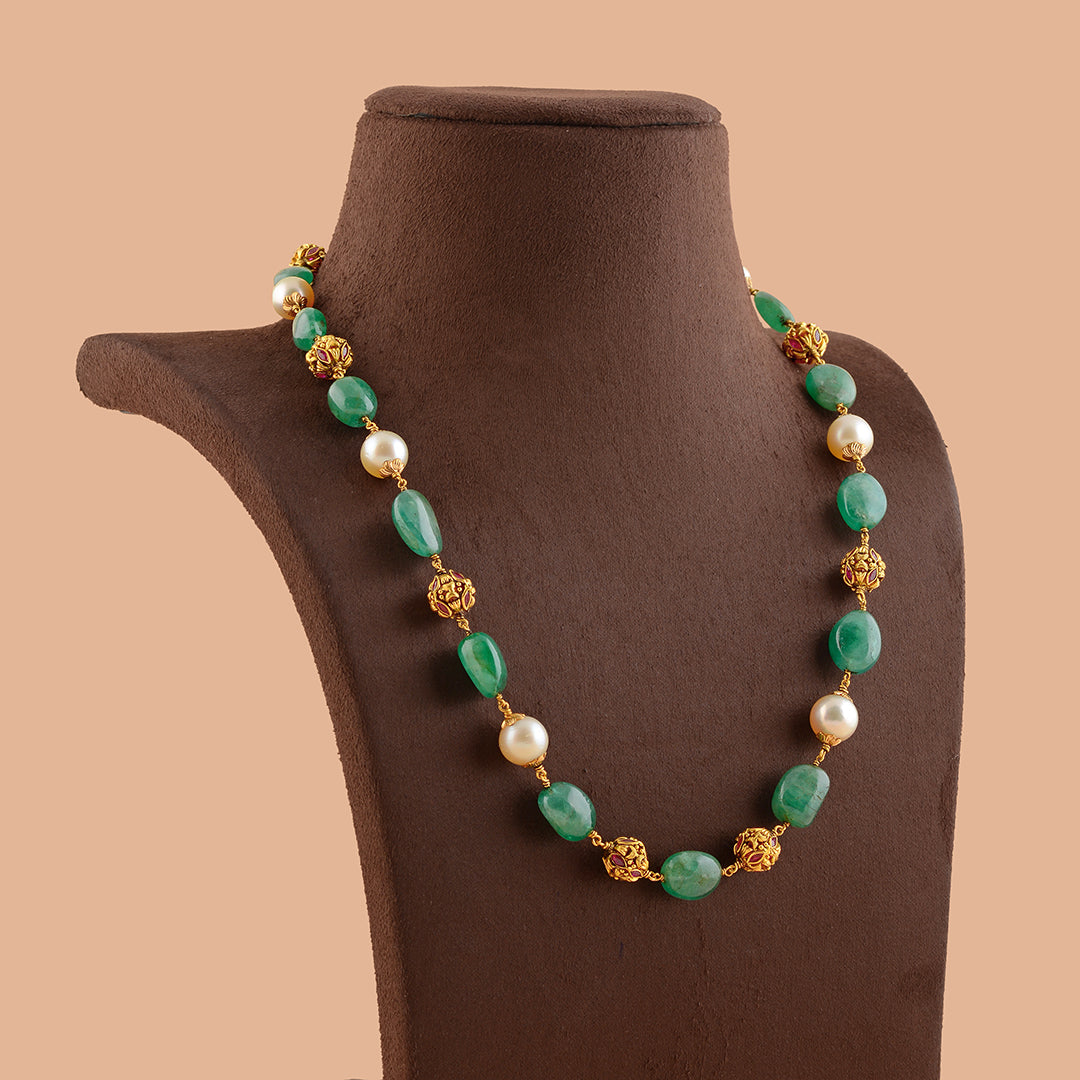 Luxurious South Sea Pearl and Emerald Necklace with Gold Nakshi Balls - Krishna Jewellers Pearls and Gems