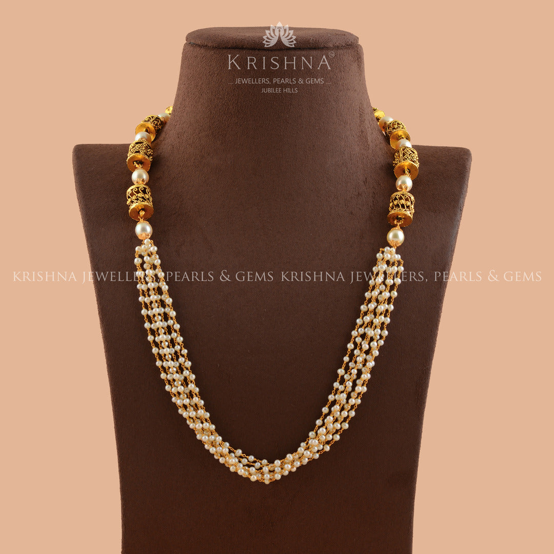 Antique Multiline Gold Pearl Necklace - Krishna Jewellers Pearls and Gems