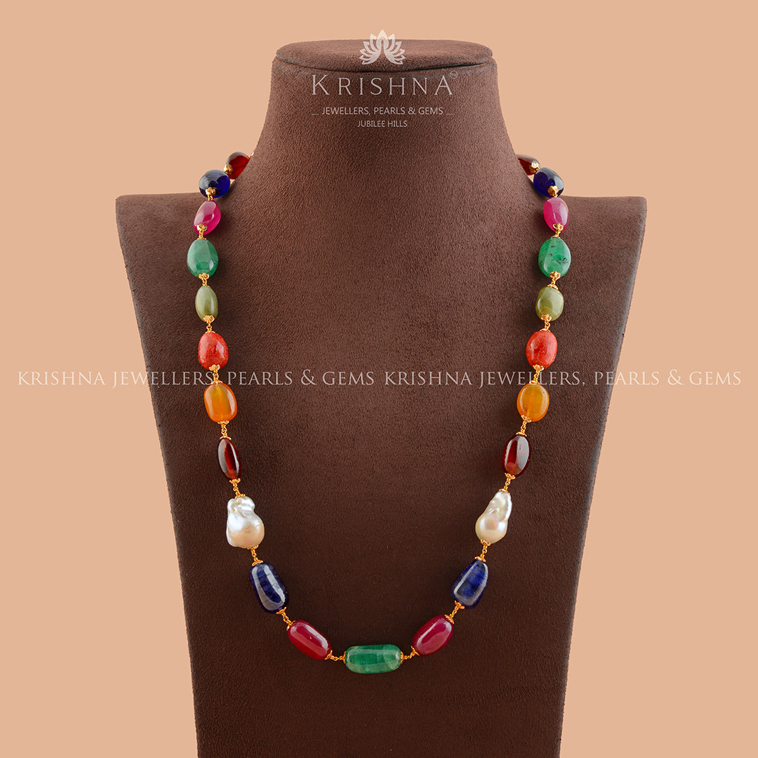 Pebble navaratna gold chain - Krishna Jewellers Pearls and Gems