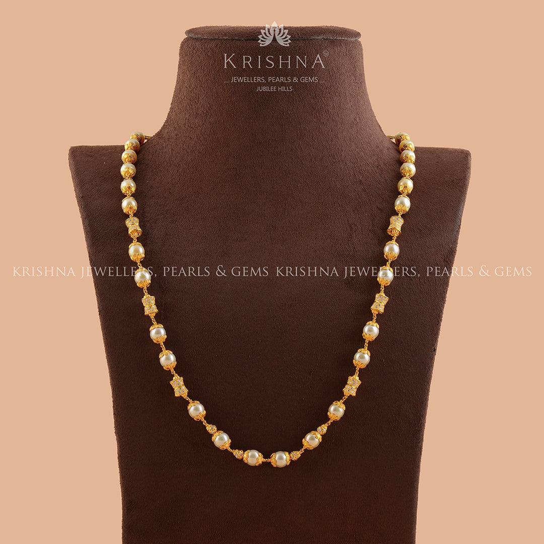 Classic Single Ling Gold Pearl Necklace - Krishna Jewellers Pearls and Gems