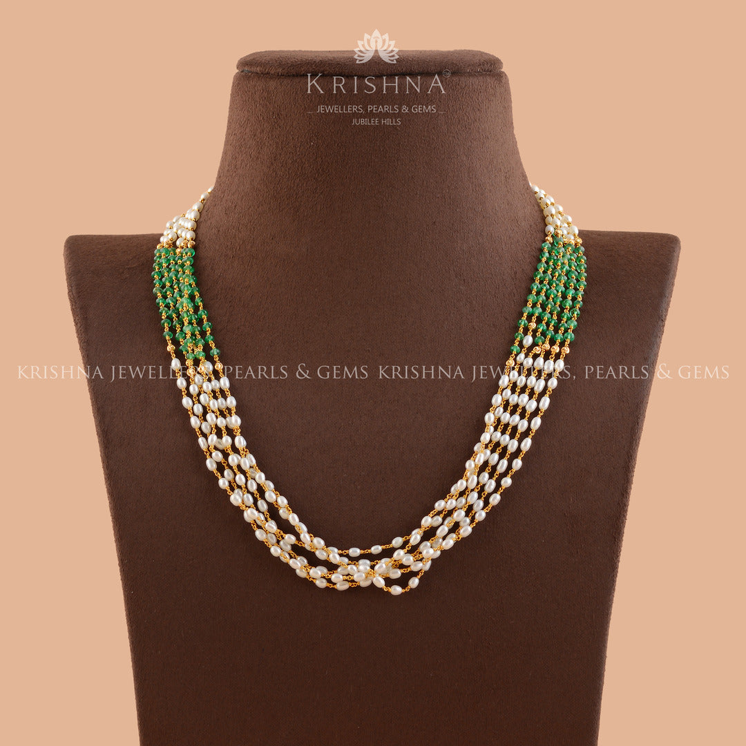 Pearl and Emerald Gold Chain Necklace - Krishna Jewellers Pearls and Gems