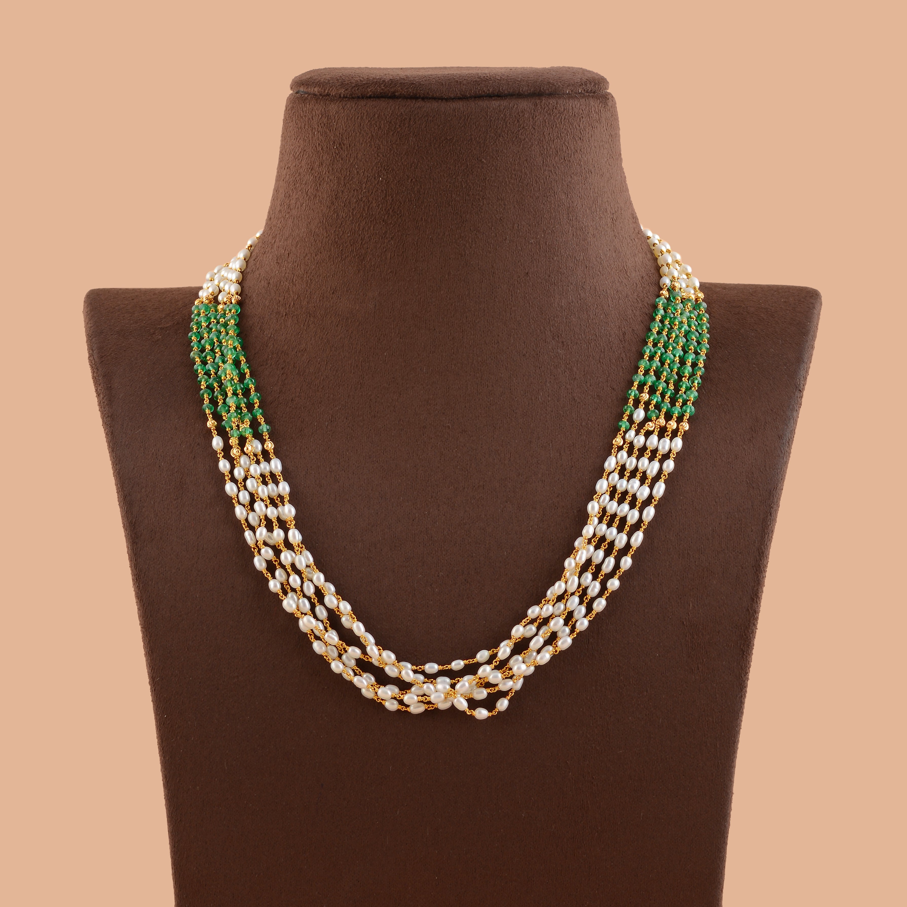 Pearl and Emerald Gold Chain Necklace - Krishna Jewellers Pearls and Gems