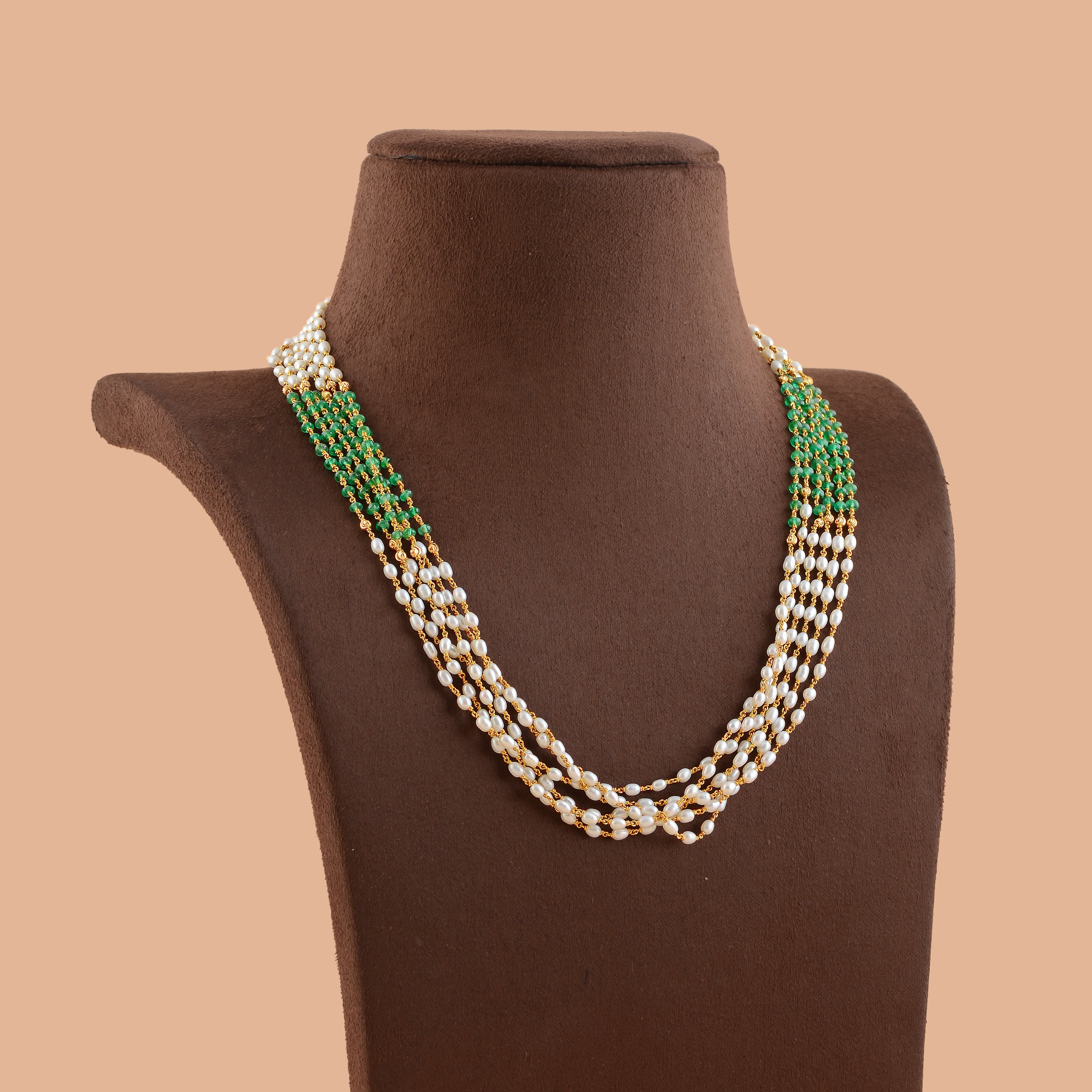 Pearl and Emerald Gold Chain Necklace - Krishna Jewellers Pearls and Gems