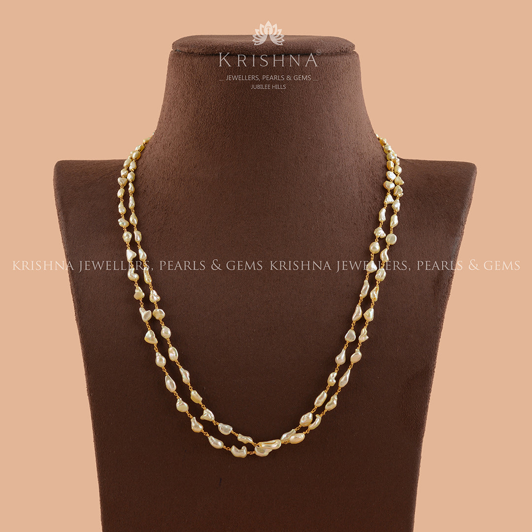 Two Row Rice Pearl Gold Necklace - Krishna Jewellers Pearls and Gems