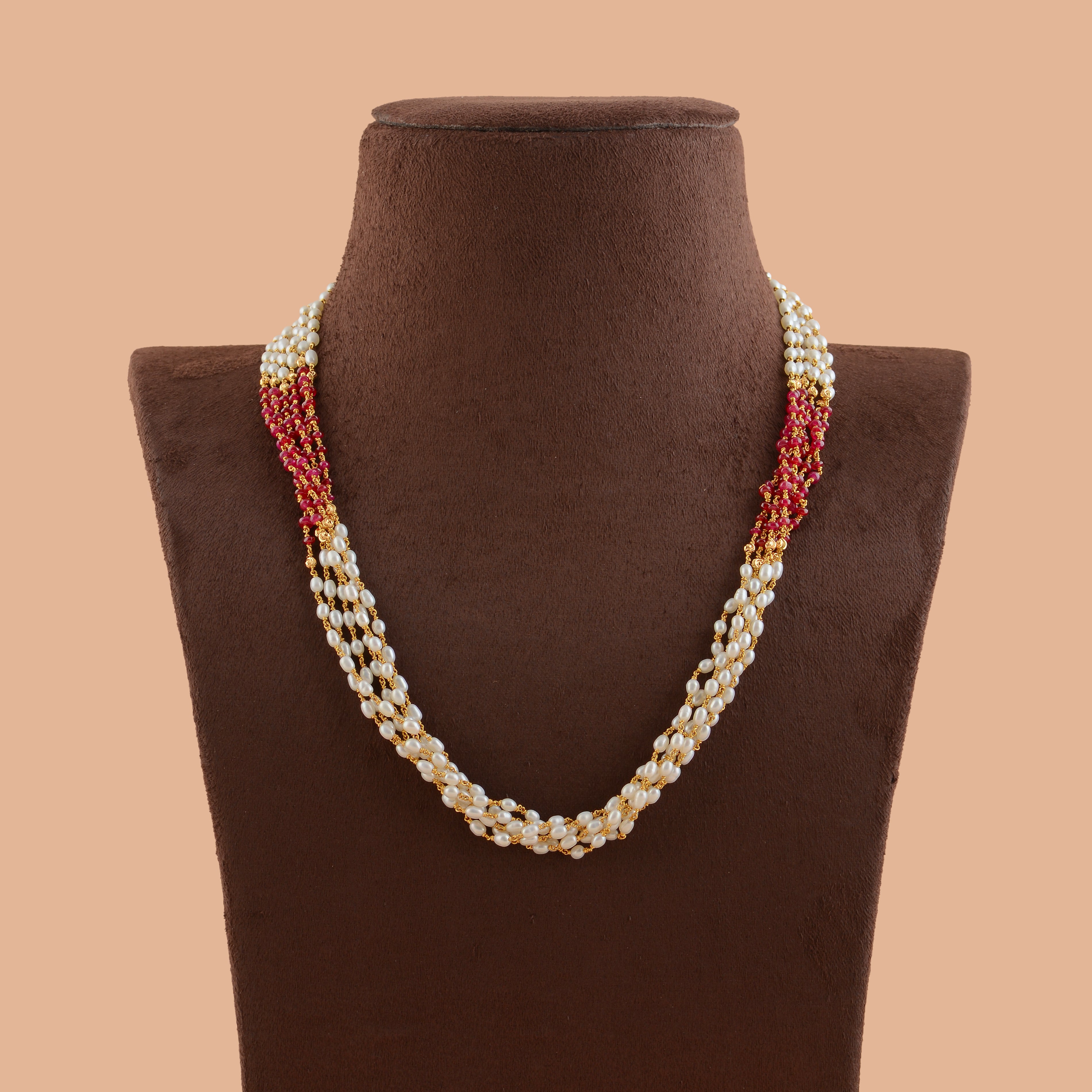 Multiline Ruby and Pearl Necklace in Gold - Krishna Jewellers Pearls and Gems