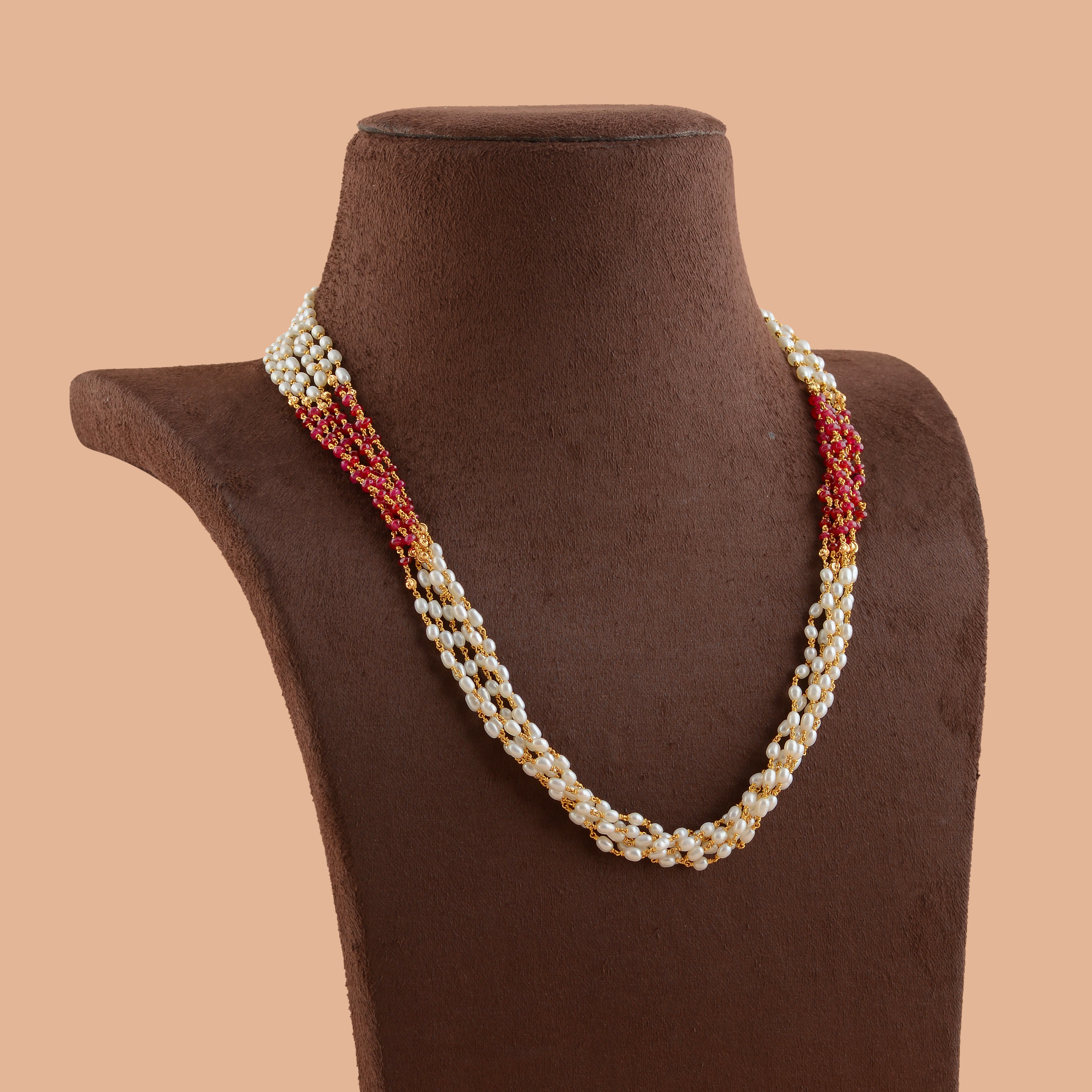 Multiline Ruby and Pearl Necklace in Gold - Krishna Jewellers Pearls and Gems