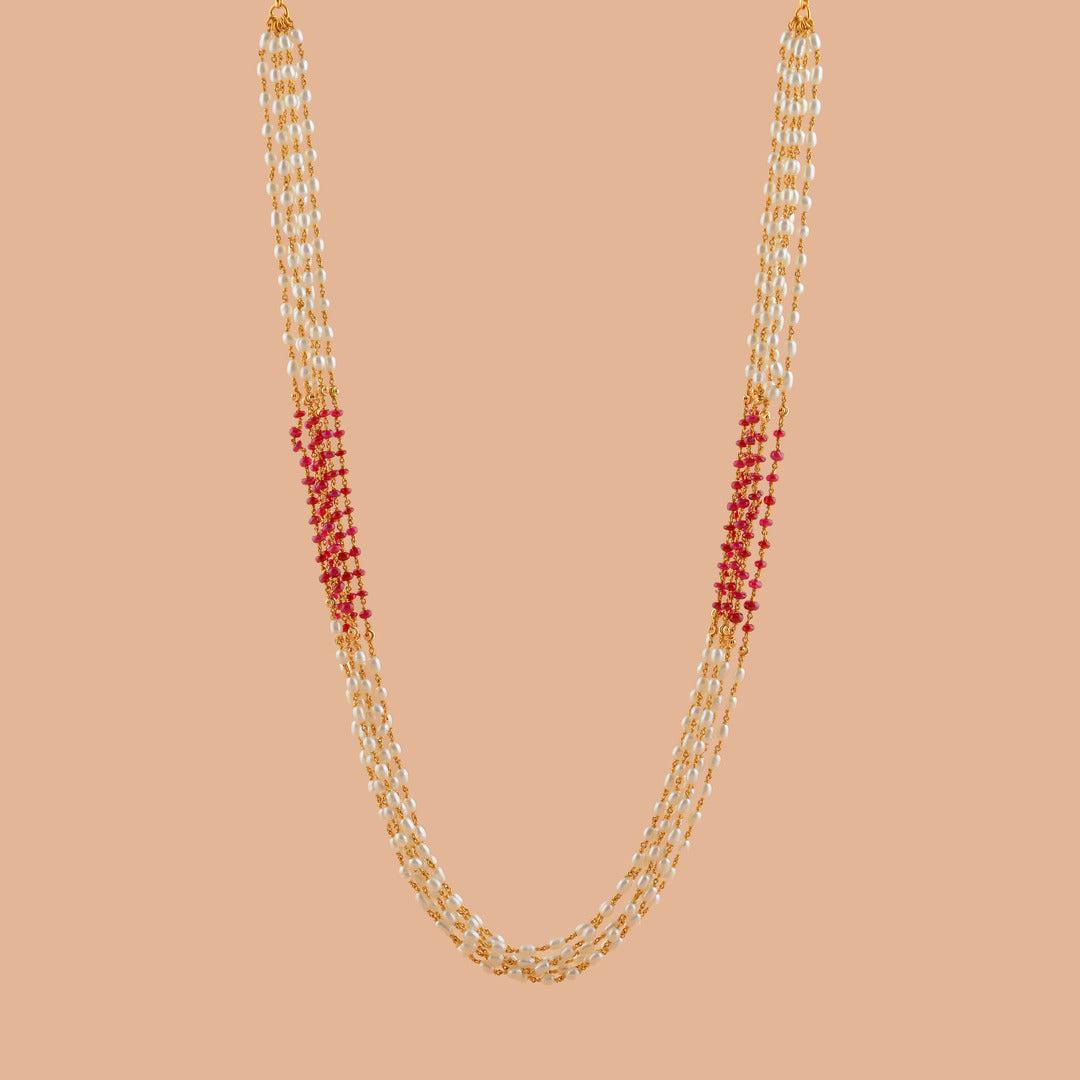 Multiline Ruby and Pearl Necklace in Gold - Krishna Jewellers Pearls and Gems