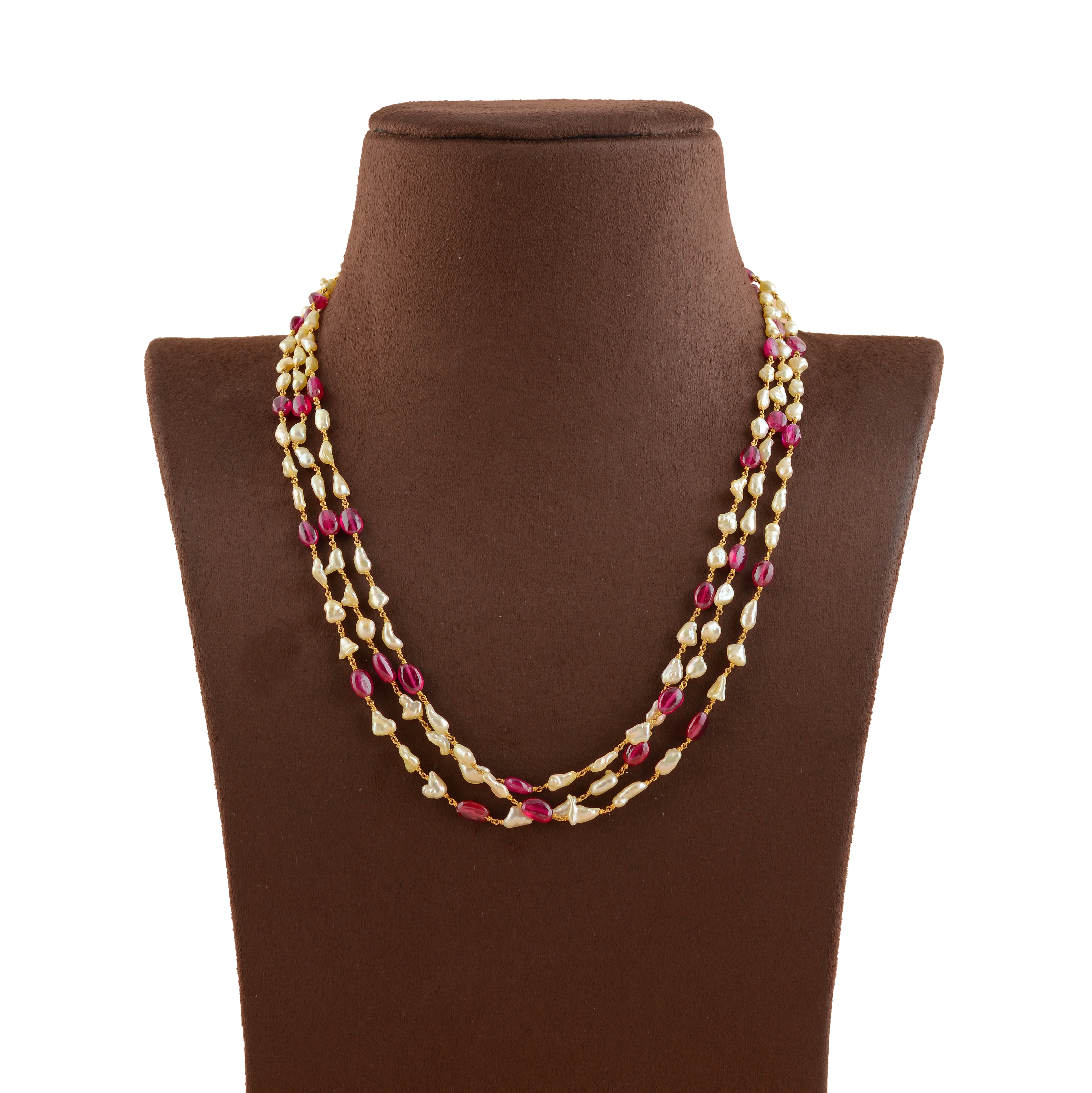 Exotic Ruby And Keshi Gold Pearl Necklace - Krishna Jewellers Pearls and Gems