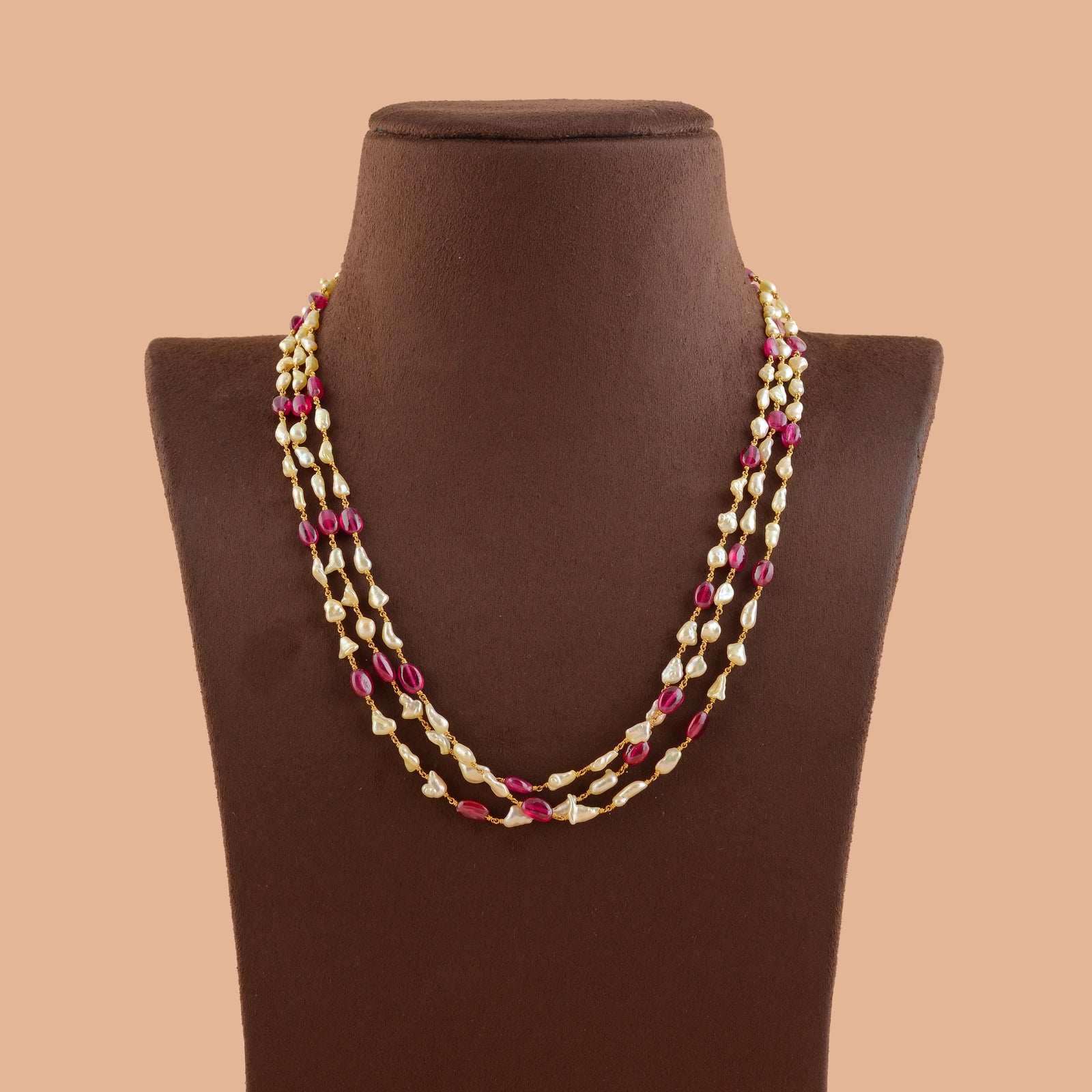 Exotic Ruby And Keshi Gold Pearl Necklace - Krishna Jewellers Pearls and Gems