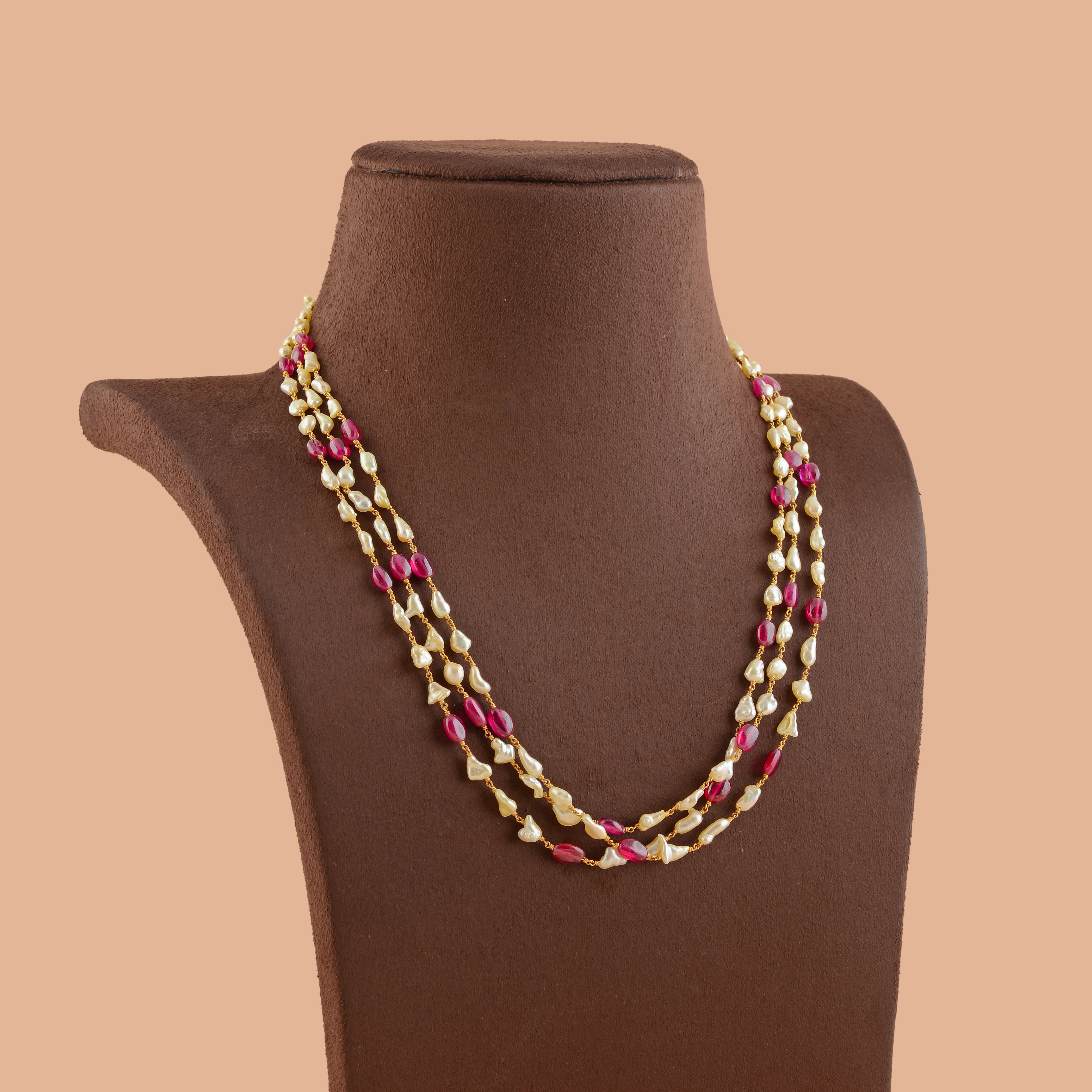 Exotic Ruby And Keshi Gold Pearl Necklace - Krishna Jewellers Pearls and Gems