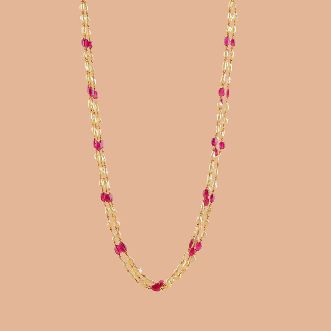 Exotic Ruby And Keshi Gold Pearl Necklace - Krishna Jewellers Pearls and Gems